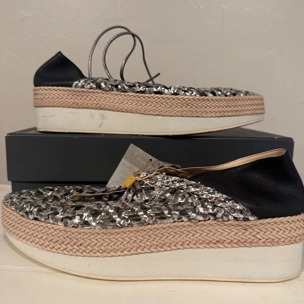 Gioseppo Platform Espadrilles Women 39 Pewter NWT Woven Leather Metallic Flatfor